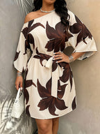 Spring Summer New French Retro Floral Off-Shoulder Dress, Loose Flared Mid-Sleeve Waist-Cinching Tie-Belt Vacation Casual All-Match Temperament Commute Short A-Line Skirt - Coffee Brown