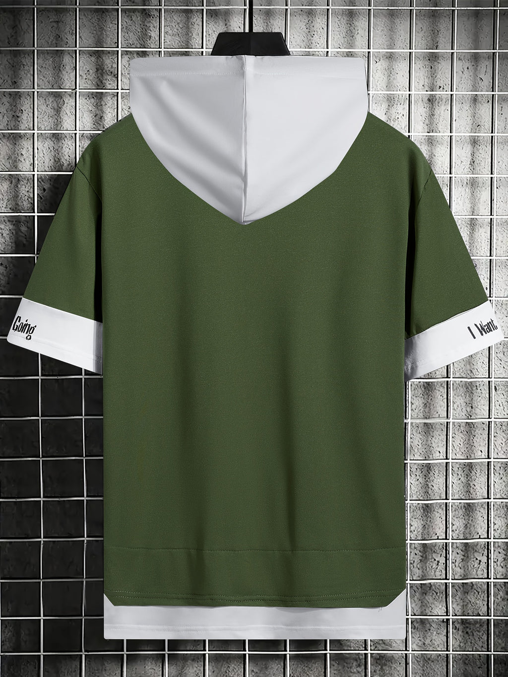 Men'S Color-Block Contrast Hooded Short Sleeve T-Shirt, English Letter Print, Short Sleeve Faux Two-Piece Streetwear, Trendy Fashion Versatile Street Casual Hong Kong Style Outfit, Casual Leisure All-Match T-Shirt, Suitable for Summer - Olive Green