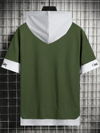 Men'S Color-Block Contrast Hooded Short Sleeve T-Shirt, English Letter Print, Short Sleeve Faux Two-Piece Streetwear, Trendy Fashion Versatile Street Casual Hong Kong Style Outfit, Casual Leisure All-Match T-Shirt, Suitable for Summer - Olive Green