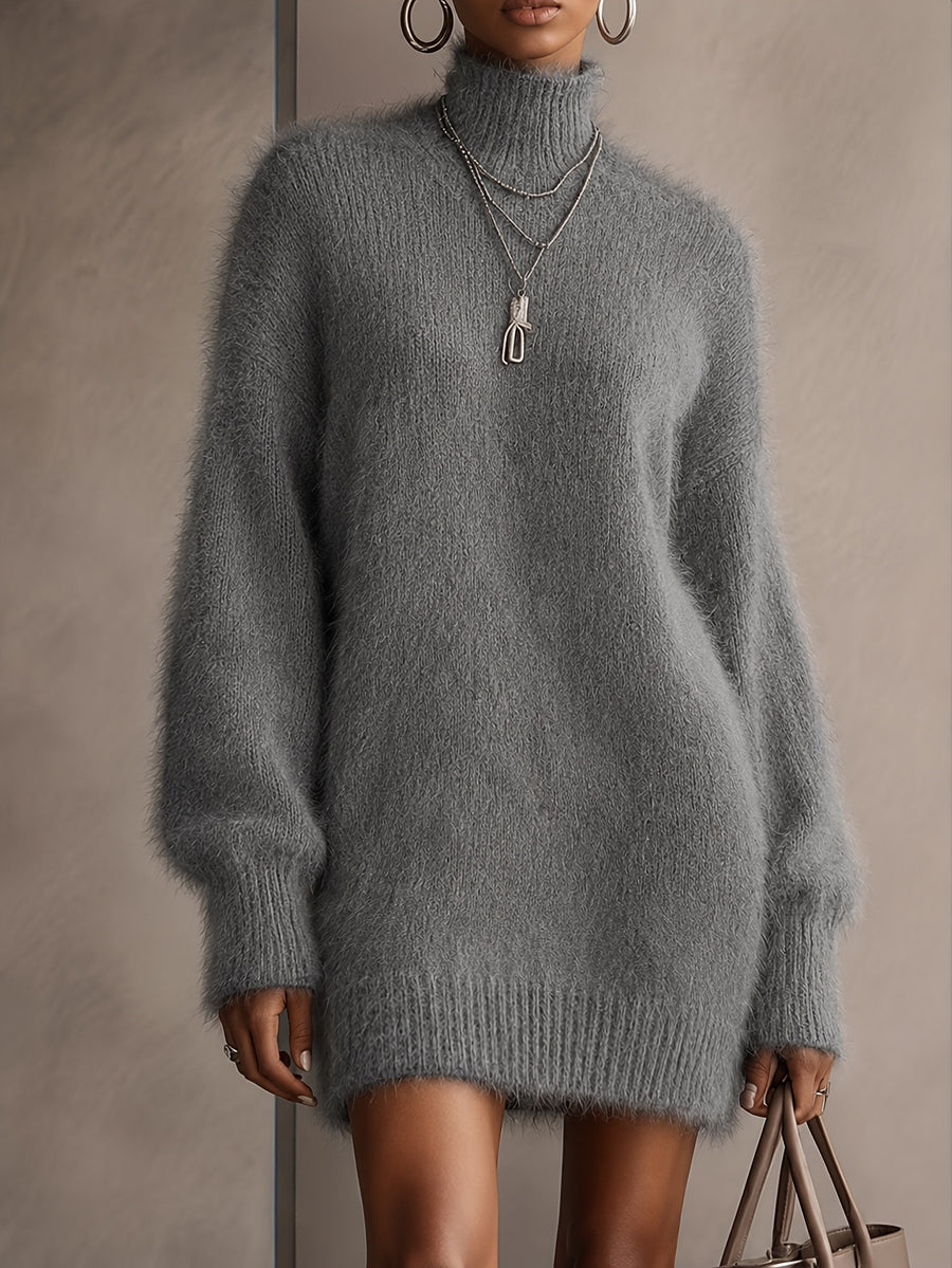 BK260703034, Women's Solid Color High Neck Long Sleeve Loose Plush Casual Pullover Dress, Suitable for Autumn and Winter Daily Outings, Soft and Comfortable Fabric, Party Wear, Everyday Versatility, Back-to- Season, Valentine's Day - Grey