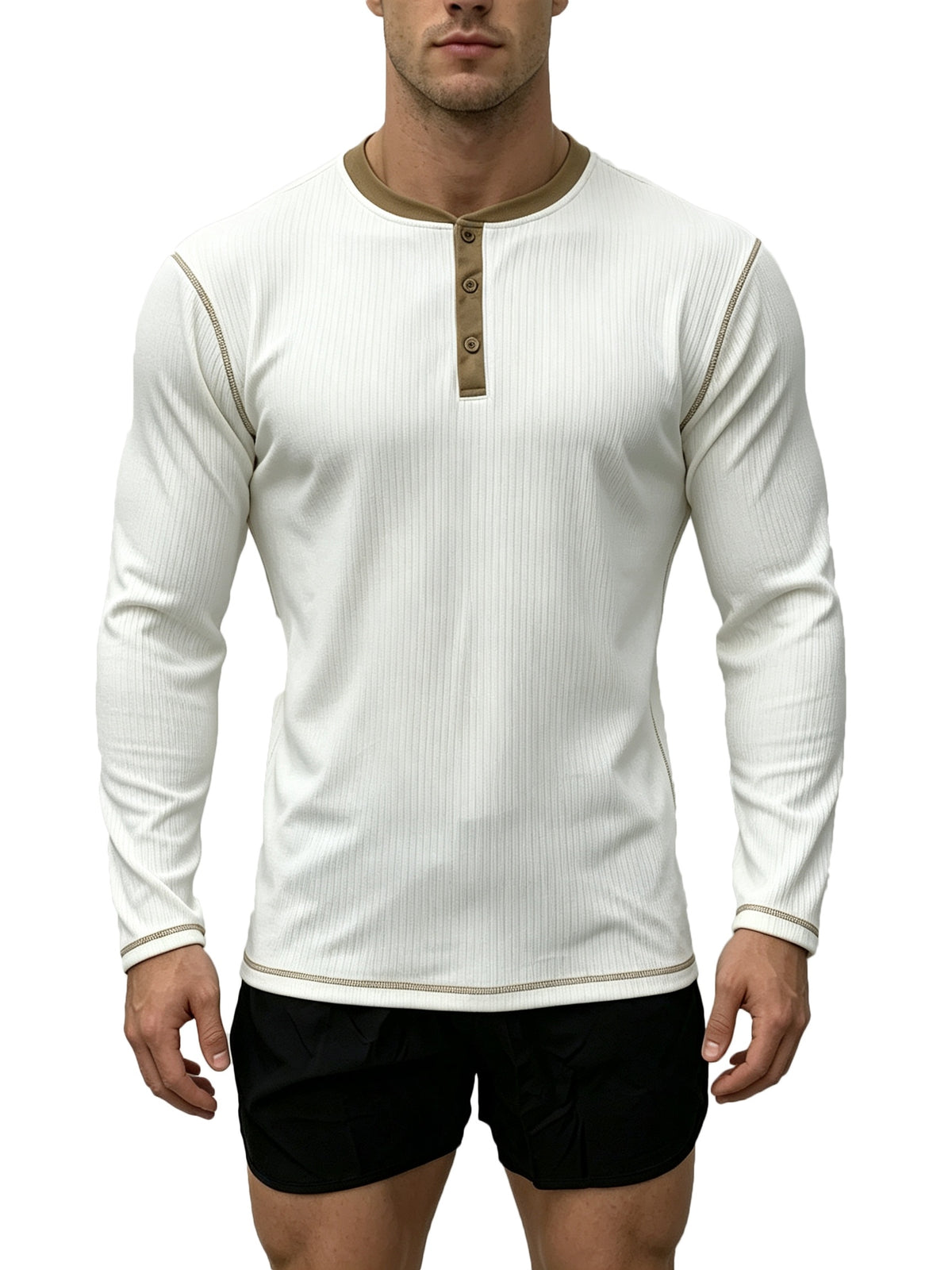 1pc Men'S Spring Summer Casual Henley Shirt, Long Sleeve T-Shirt, Retro Color-Block Trimmed Button-Front, American Easy Versatile Base Layer, Casual Commute Date Comfortable Top Single Pc - White