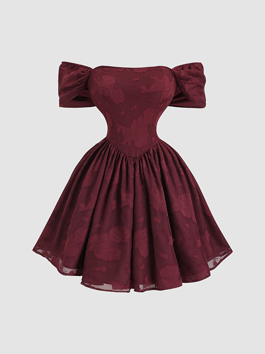 Off-shoulder Printed Flared Dress, Floral Off-shoulder Short Dress, Off-shoulder Slim-fit Printed Dress, Evening Wear, Bridesmaid Dress, Holiday Party, Fashionable and Elegant, Dignified and Graceful - Red