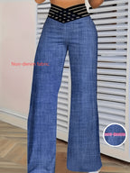 [Printed Pants - Not Faux Denim Fabric]Women'S All-Season Imitation Faux Denim Cross-High Waist Elegant Loose Wide-Leg Pants - Royal Blue
