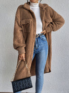 French Style Drop Shoulder Lapel Detail Plush Long Coat Women'S Solid Color Warm Trench Coat - Khaki