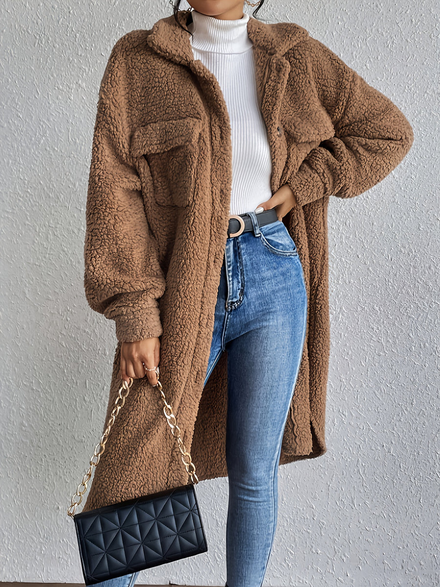 French Style Drop Shoulder Lapel Detail Plush Long Coat Women'S Solid Color Warm Trench Coat - Khaki