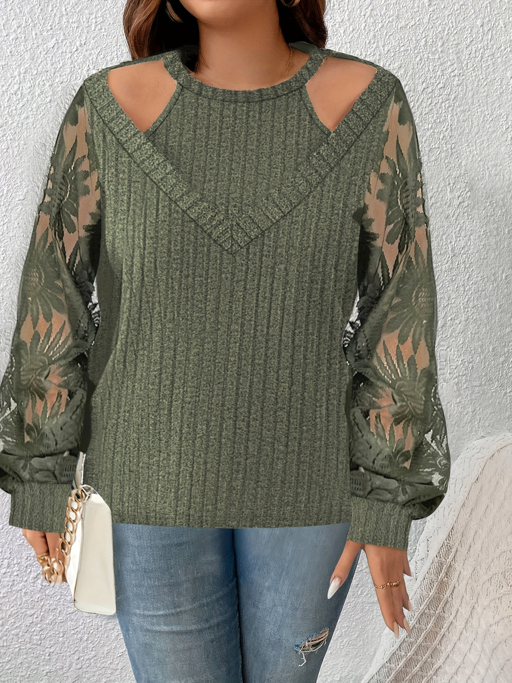 Plus Size Women'S Top, Western Fashion New Size Large Faux Two-Piece Lace Patchwork Long Sleeve T-Shirt - Olive Green