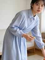 Women'S Striped Shirt Dress, Gentle Style Temperament Shirt Dress, Design-Driven Twisted Long Skirt - Light Blue