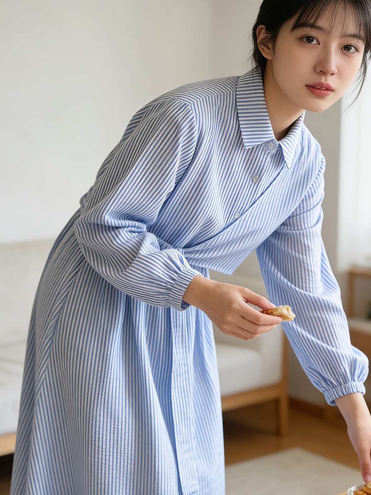 Women'S Striped Shirt Dress, Gentle Style Temperament Shirt Dress, Design-Driven Twisted Long Skirt - Light Blue