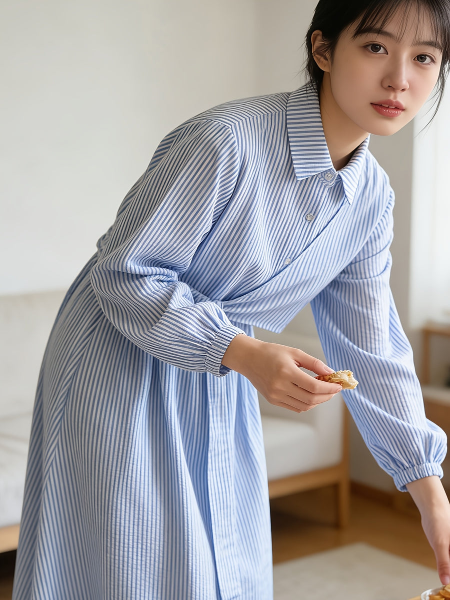 Women'S Striped Shirt Dress, Gentle Style Temperament Shirt Dress, Design-Driven Twisted Long Skirt - Light Blue