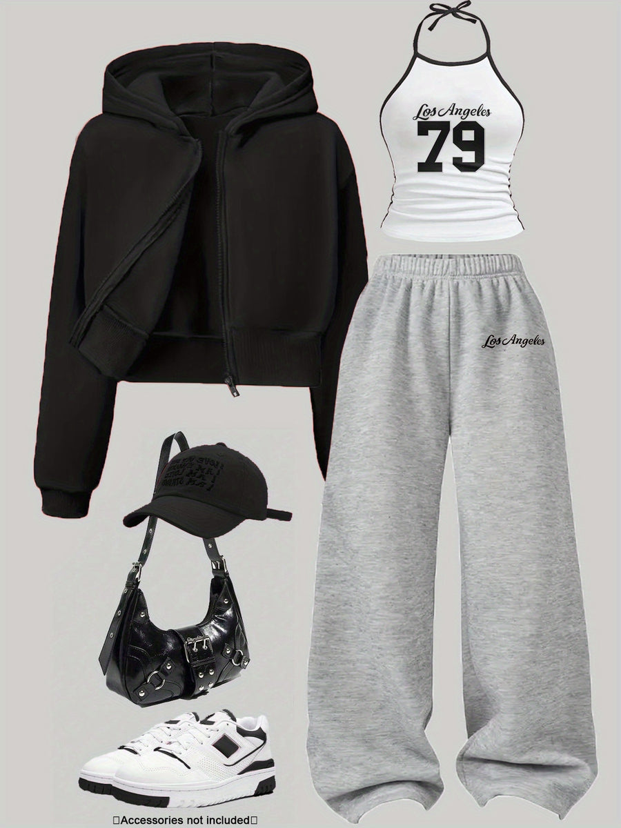 Women's 3pcs Set: Jacket, Number + Letter Print Vest, Wide-Leg Pants Set | Casual Loose Autumn/Winter Outfit | Complete Autumn/Winter Outfit | Color-Block Vest Hooded Jacket and Pants Set | Suitable for Daily Wear, Commuting, - Black/gray/white