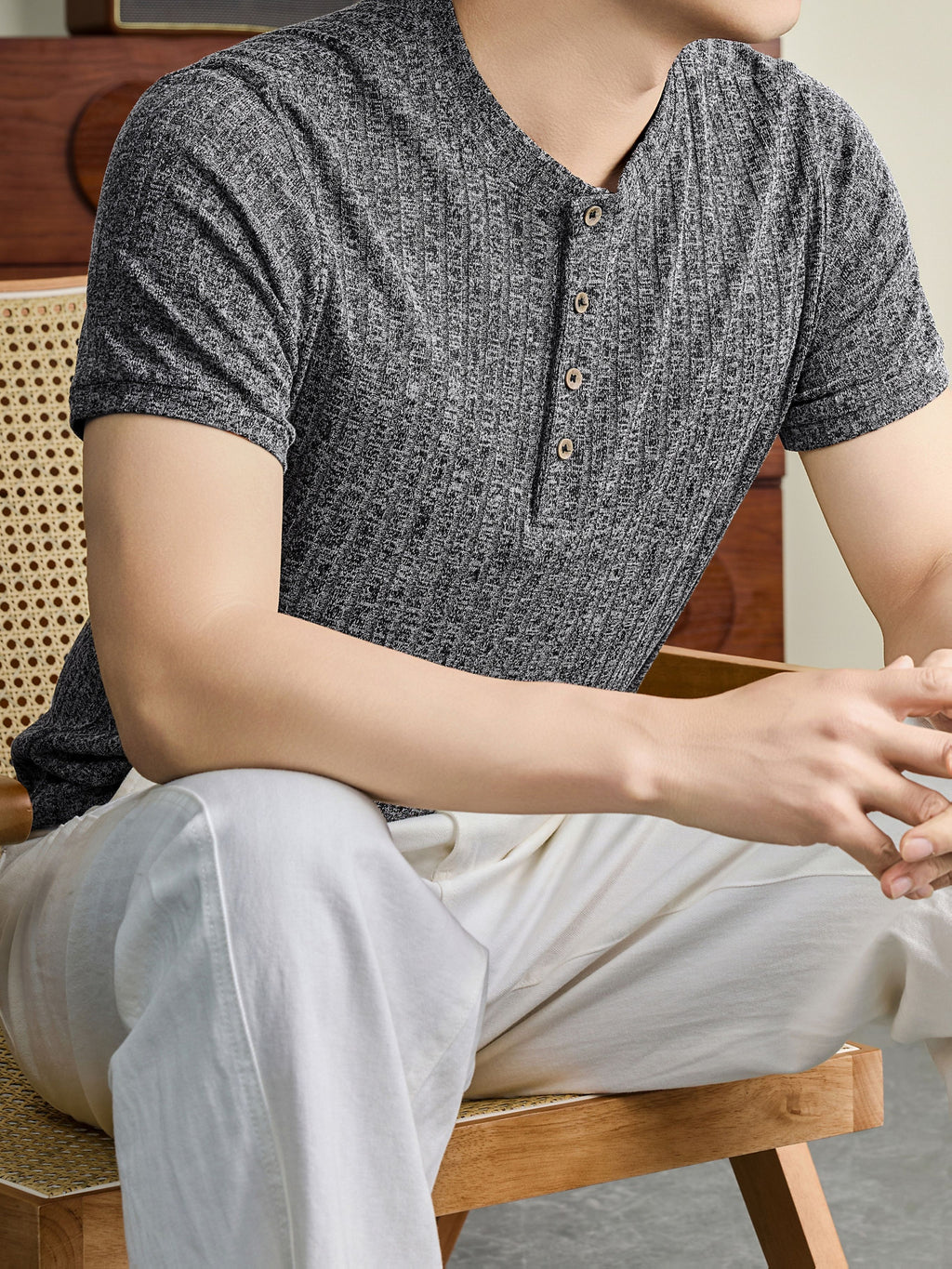Men'S 2026 New Summer Short Sleeve, Vertical Rib Knit, Regular Fit Casual Top, Easy And Fashionable for Daily Wear, Business Commute, Vacation And Weekend Leisure - Black Gray