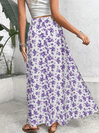 1pc Women'S Floral Print Elastic High-Waist A-Line Skirt - Violet