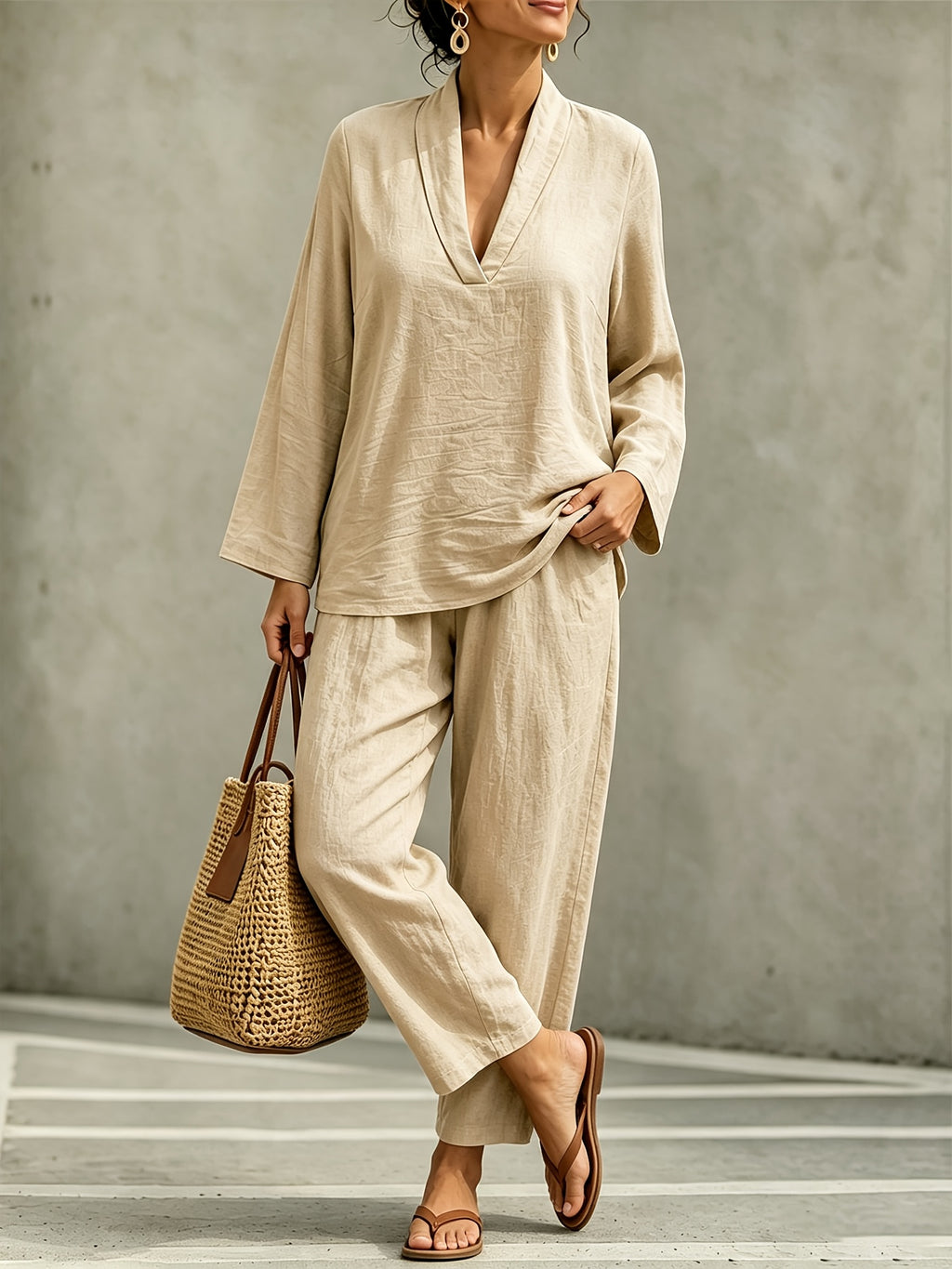 Plus Size - Women'S Autumn Winter Plus Size Solid Color Patchwork V-Neck Long Sleeve Long Pants Set with Pockets, Suitable for Commuting, Vacation Beach, Travel, Shopping, And Casual Wear - Khaki