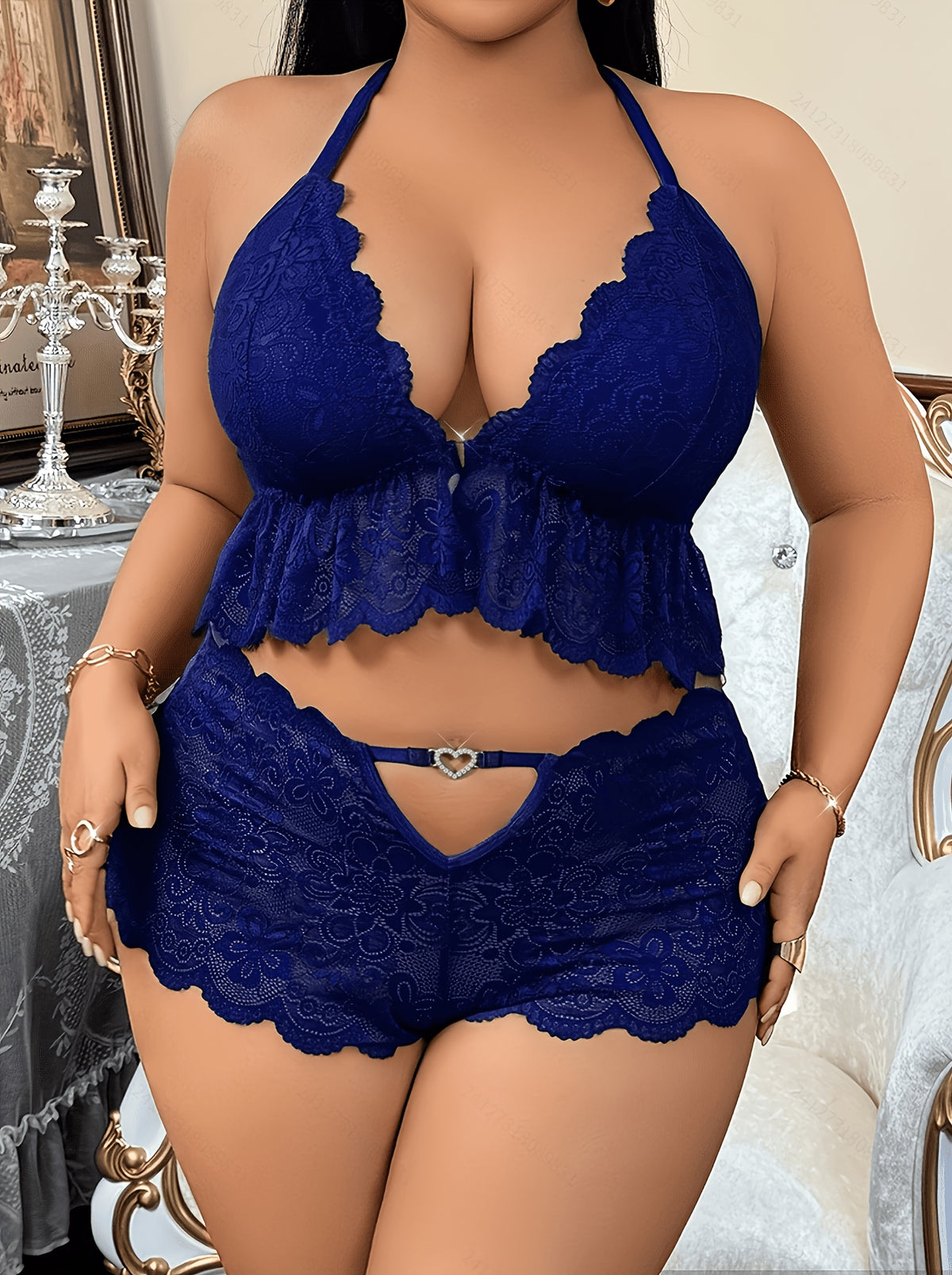 Plus Size Front-Button Lace Patchwork Backless 3-Ring Buckle Sexy Lingerie Heart-Shaped Hollow-Out Pants Set - Navy Color
