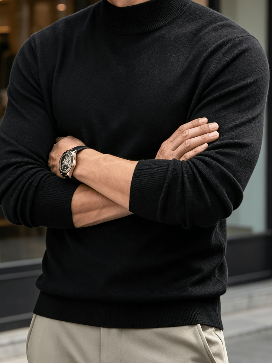 Autumn And Winter New High-End Slim Fit Half-High Collar Knit Long-Sleeve Top Suitable for Mature Men for Commuting, Business / Weekend Casual / Light Business Gatherings, Long-Sleeve Sweater, Mid-Aged Men'S Versatile Long-Sleeve Knit Sweater - Black