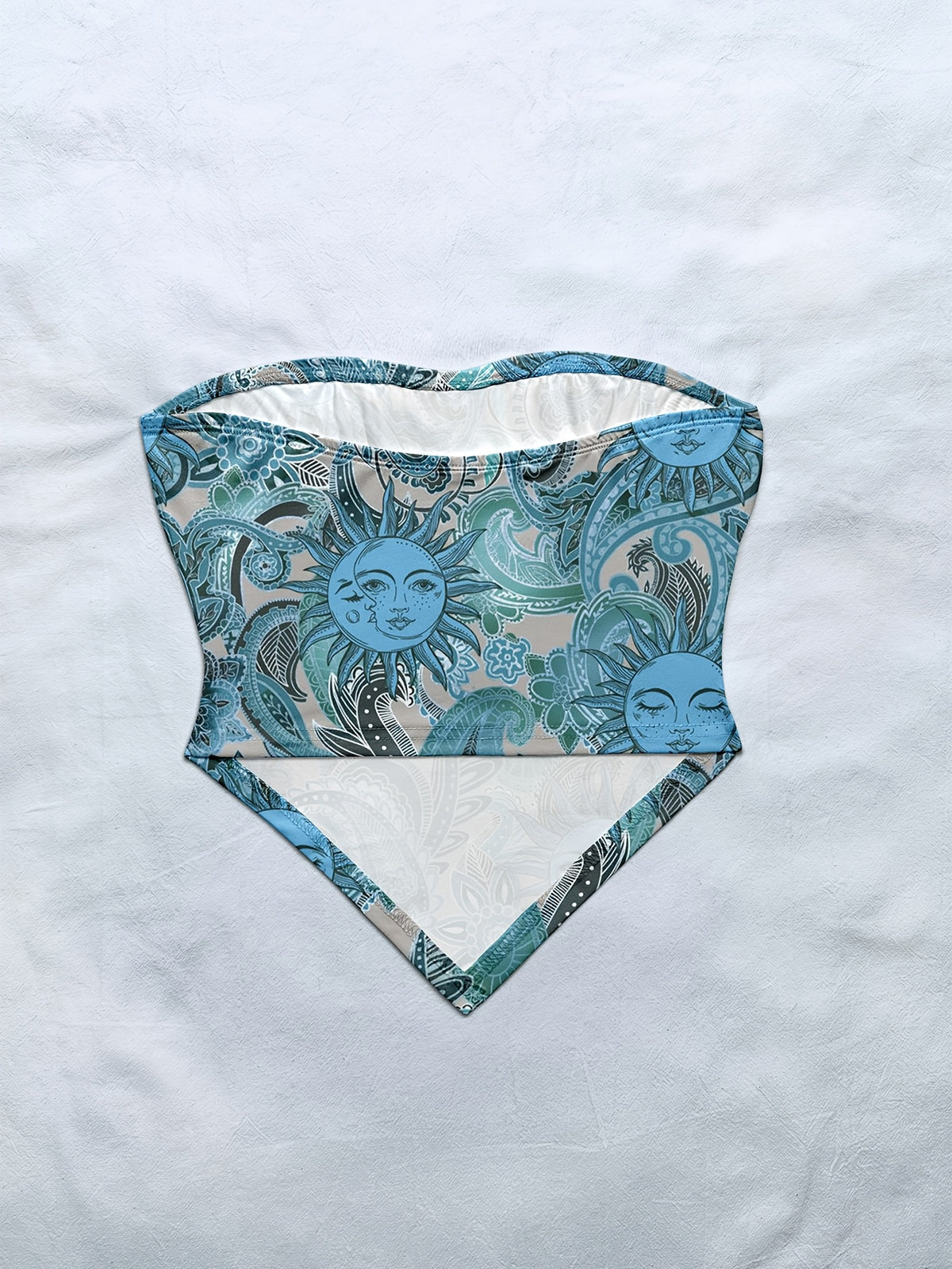 Women'S Spring/Summer New Brand Special Boho Beach Tropical Vacation Outfits | Retro Sun Pattern Print Slim Fit Bustier Crop Tops with Asymmetrical Bandeau Collar - Sea Blue
