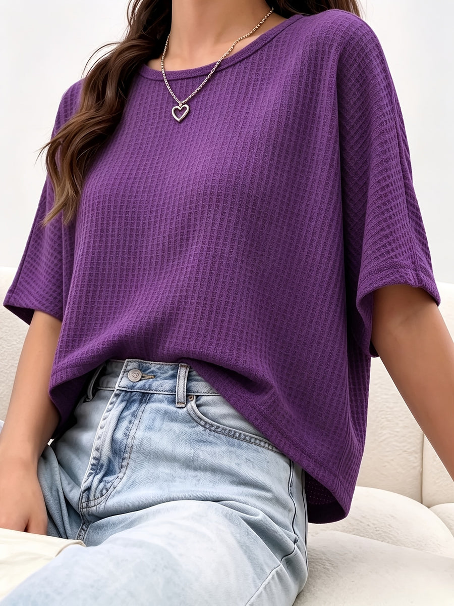 Women's Casual Loose-Fit Waffle Short Crop Crew Neck Short Sleeve T-Shirt for Daily Commuting - Purple