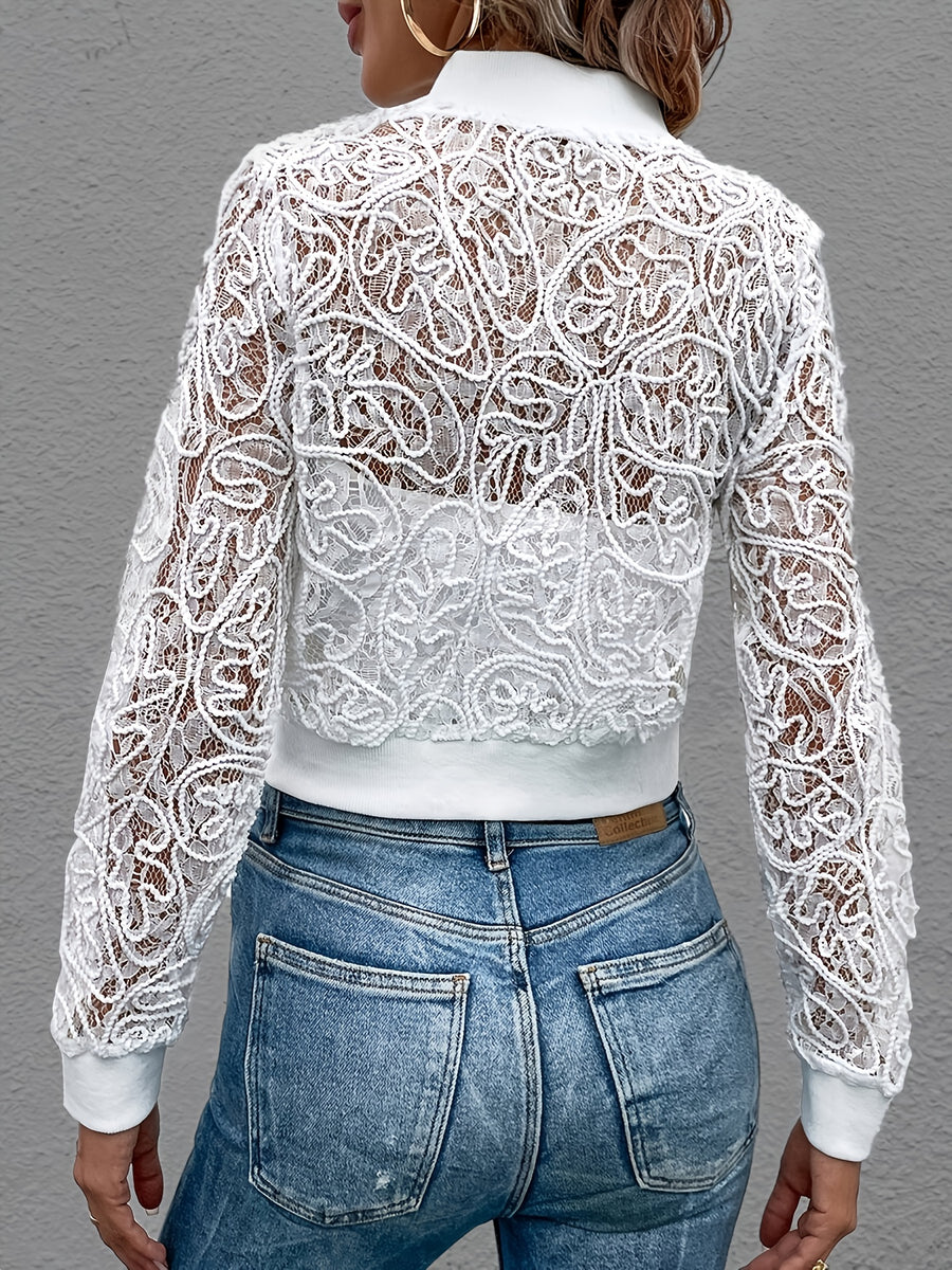 Women's Zip-Up Navel Lace Contrast Pilot Jacket - White