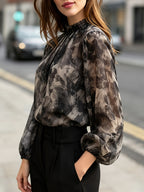 French Lazy Style Sumi Ink Print Chiffon Blouse, Shirred Stand Collar Lantern Sleeve Sheer Long Sleeve Top - Deep Grey