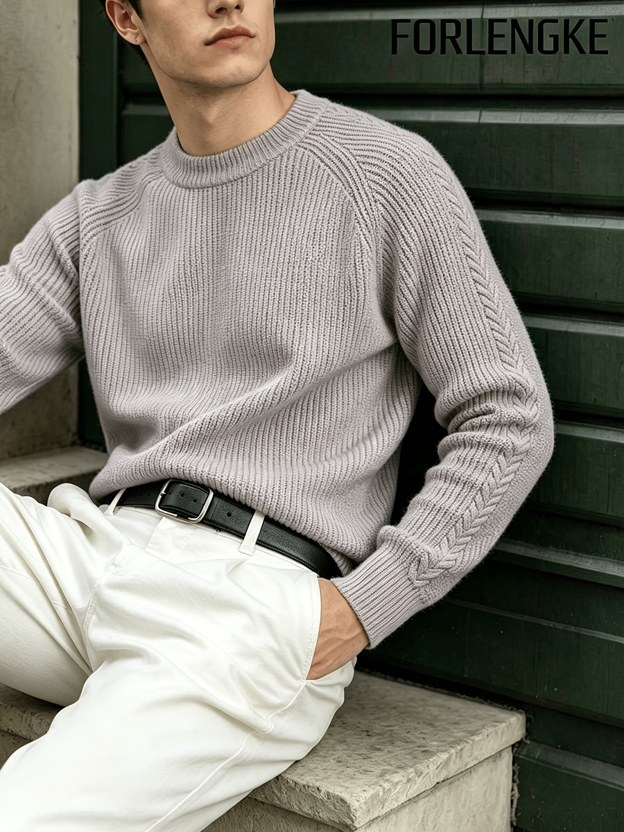 FORLENGKE Men's Business Casual Crew Neck Ribbed Knit Sweater, Soft Warm Long Sleeve Pullover for Fall Winter Office Daily Wear - Light Purple