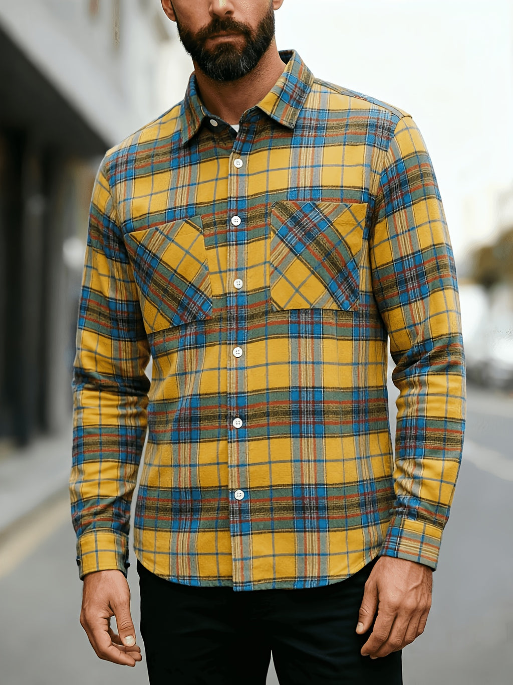 Men'S Casual Plaid Long Sleeve Shirt, Lapel Button-Up Shirt, Double Pocket Design, Classic Checkered Pattern, Twill Fabric, Comfortable And Breathable, Suitable for Spring And Autumn, Casual Outing, Men'S Dress Shirt, Men'S Shirt, Casual Business - Yellow And Blue Plaid