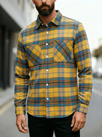 Men'S Casual Plaid Long Sleeve Shirt, Lapel Button-Up Shirt, Double Pocket Design, Classic Checkered Pattern, Twill Fabric, Comfortable And Breathable, Suitable for Spring And Autumn, Casual Outing, Men'S Dress Shirt, Men'S Shirt, Casual Business - Yellow And Blue Plaid