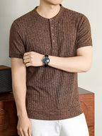 Men'S 2026 New Summer Short Sleeve, Vertical Rib Knit, Regular Fit Casual Top, Easy And Fashionable for Daily Wear, Business Commute, Vacation And Weekend Leisure - Coffee Color