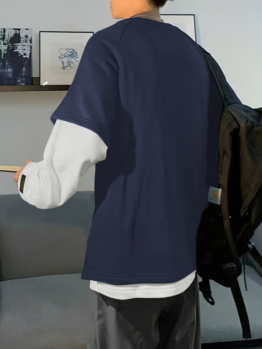 Spring/Autumn Round Neck 2-in-1 Look Long Sleeve Sweatshirt for Men, Loose Fit Versatile Casual Contrast Color Top - Blue And White