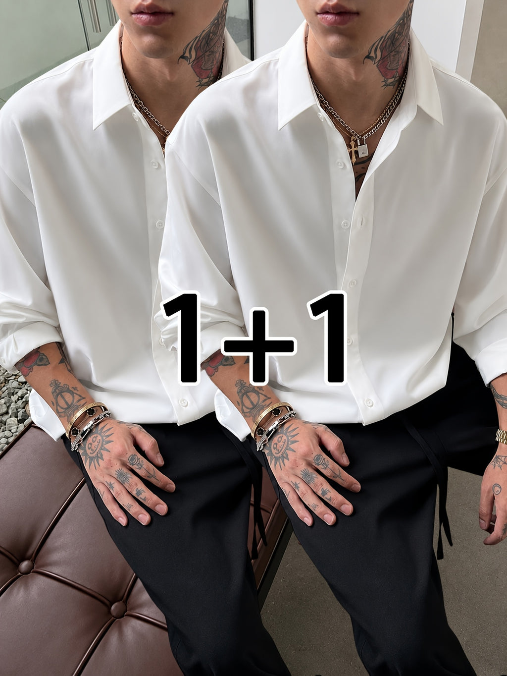 2pcs Set: Men's Casual Loose-Fitting Long-Sleeve Shirt with a Draping Effect, Black Premium Feel Versatile Top, Men's White Shirt Base Layer, Two-Shirt Set - White+white