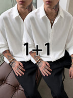 2pcs Set: Men's Casual Loose-Fitting Long-Sleeve Shirt with a Draping Effect, Black Premium Feel Versatile Top, Men's White Shirt Base Layer, Two-Shirt Set - White+white