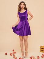 Bow Back Decorate Solid Mini Dress, Elegant Sleeveless Dress for Party & Banquet, Women's Clothing, Birthday Dress Wedding occasion engagement party ceremony - Purple