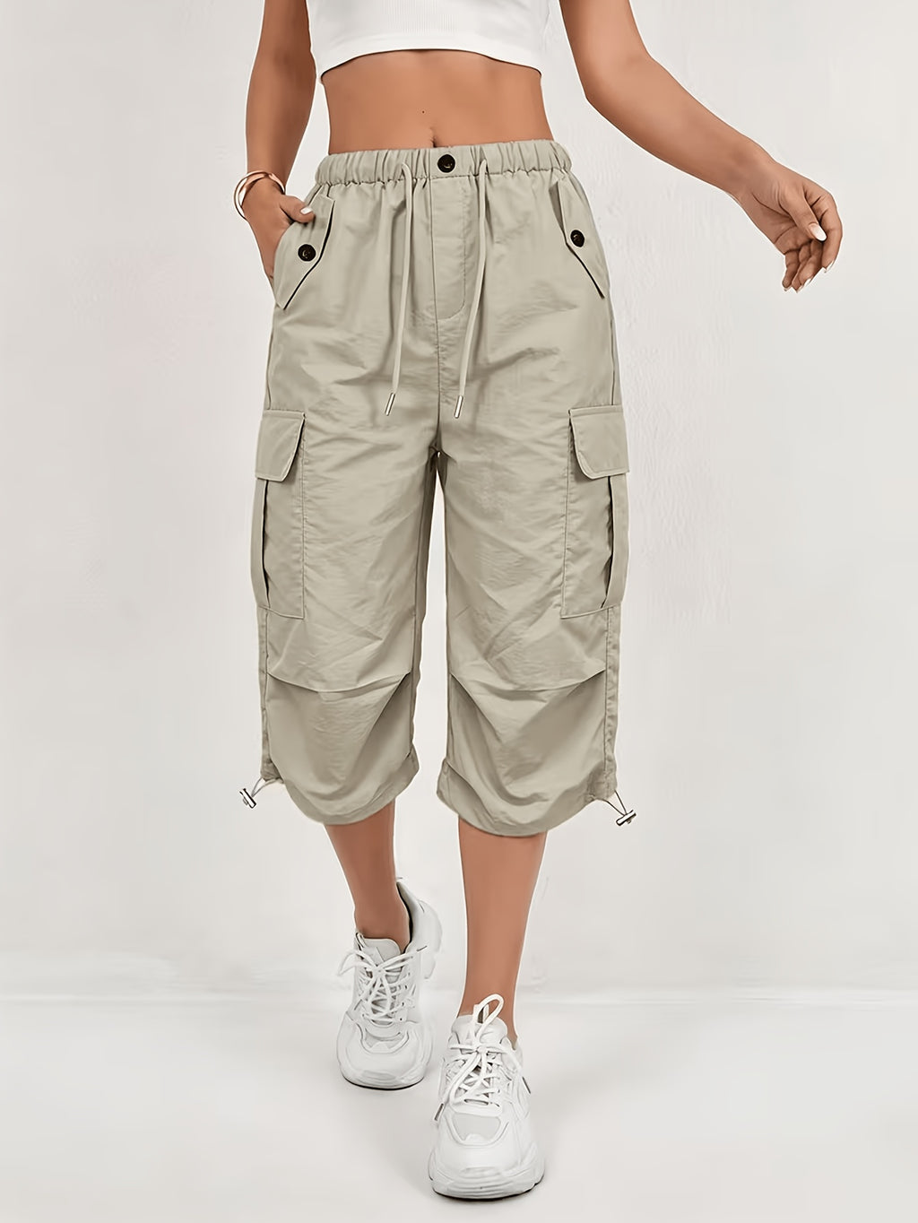 Women'S Quick-Dry Cargo Capri Pants with Elastic Waist And Drawstring - Lightweight Stretch Suitable for Outdoor Pants, Multi-Trousers, Machine Washable Loose-Fit Mid-Length for Travel, Casual Attire - Khaki