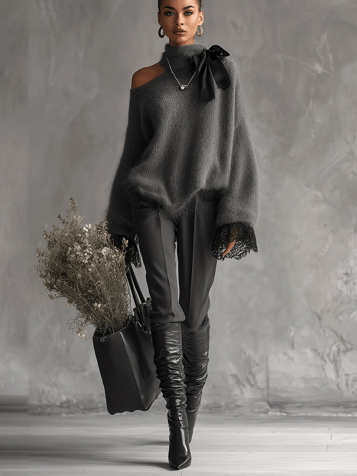 Women'S Spring Autumn Top, Early Autumn Asymmetrical Off-Shoulder High Neck Bow, Faux Mohair Soft Puffy Loose Drop Shoulder Style, Lace Patchwork Cuffs, Dark Y2K Sexy French Style, Light Commute/Office Scene, Light Party/Birthday Gathering [ASD1] - Deep Grey