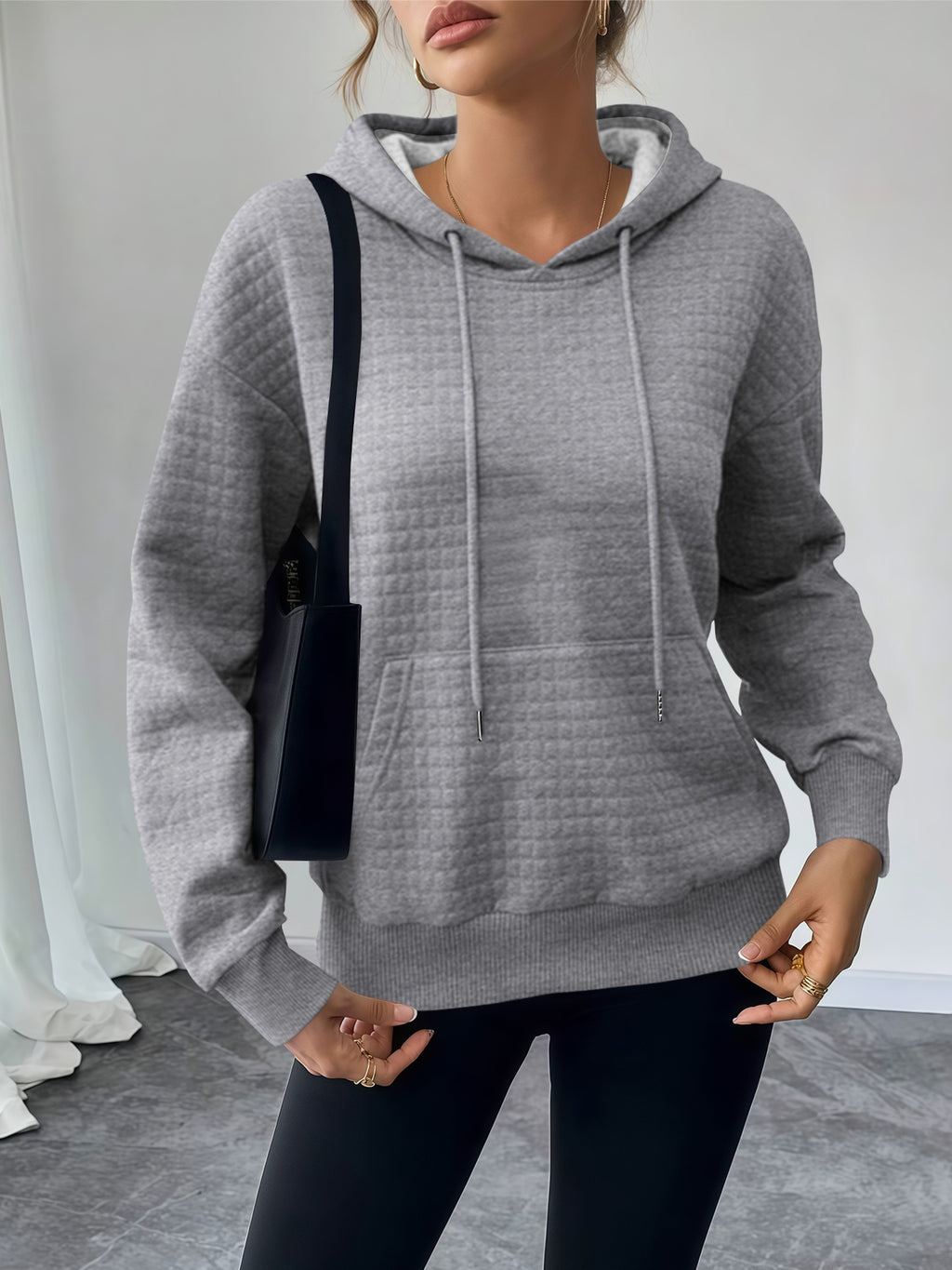 [New Category Base] 2026 New Style Casual Women'S Autumn Jacket Floral Print Waffle Fabric Hooded Sweatshirt 3pcs Set - Grey