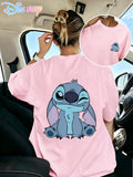 100% Spring/Summer Women's Pure Fashion T-Shirt, Pure Short-Sleeve Top with Disney IP Print "Disney" Stitch Winking, Smiling, Sitting with One Hand on Chin, Cute Print Pure T-Shirt, Crew Neck, Casual, Comfortable, Stylish, and Versatile - pink color