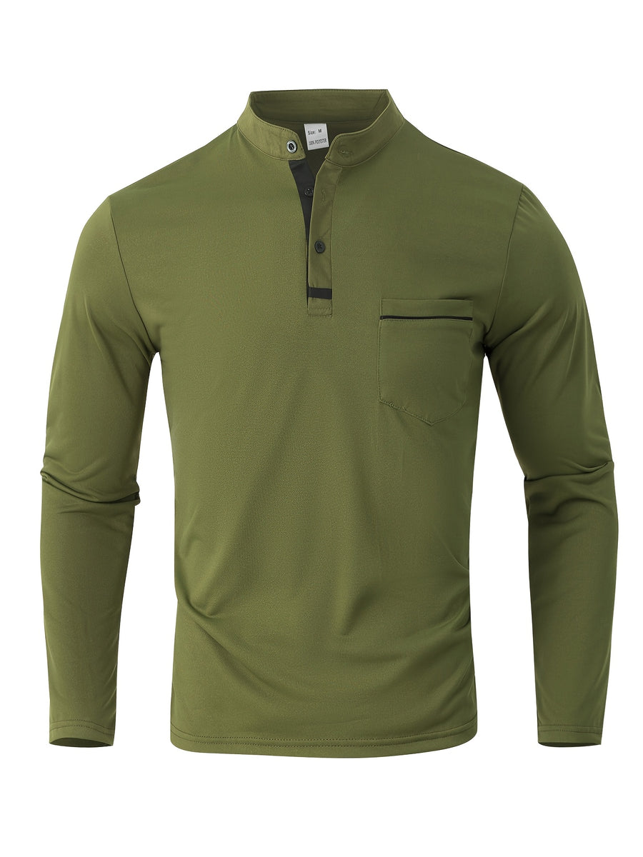 [JOSHIMAI OBM] 2pcs Men'S Long Sleeve Henley Shirts, Soft Comfortable Stretch Fabric, Lightweight Breathable Easy Care, Stand Collar 3-Button Placket Design, Contrast Color Placket And Pocket Details, Suitable for Office Commute, Business Casual - Army Green+Light Khaki