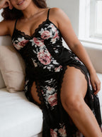 P0003 New European and American Style Sexy Floral Satin and Lace Spliced Maxi Dress for Plus Size Women - Black