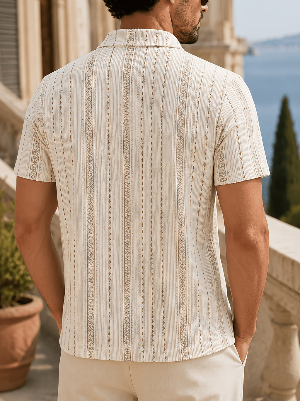 Men's Summer Knit Polo Shirt, Fashion Vertical Jacquard Stripe, Half-Zip Geometric Texture, Suitable for Trips, Business Occasions & Evening Dates - Men's Knitted Polo Shirt ()