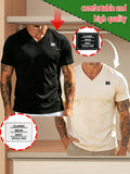 2pcs 100%, Men'S Knitted Solid V-Neck T-Shirt, Men'S T-Shirt New Chapter Design, Summer Global All-Season Base Layer Factory Made Men Comfortable High Quality High Fit Rate Casual Sports Top - Black+Apricot