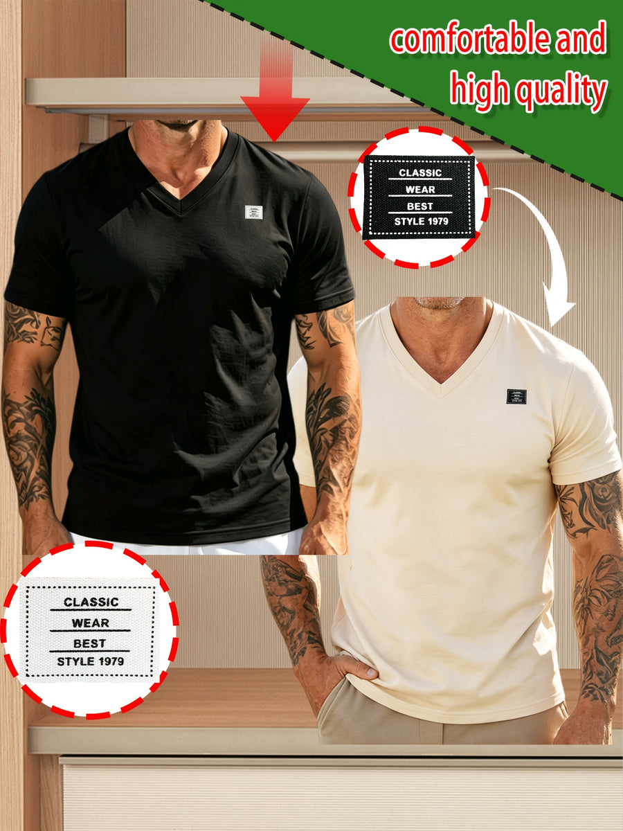 2pcs 100%, Men'S Knitted Solid V-Neck T-Shirt, Men'S T-Shirt New Chapter Design, Summer Global All-Season Base Layer Factory Made Men Comfortable High Quality High Fit Rate Casual Sports Top - Black+Apricot