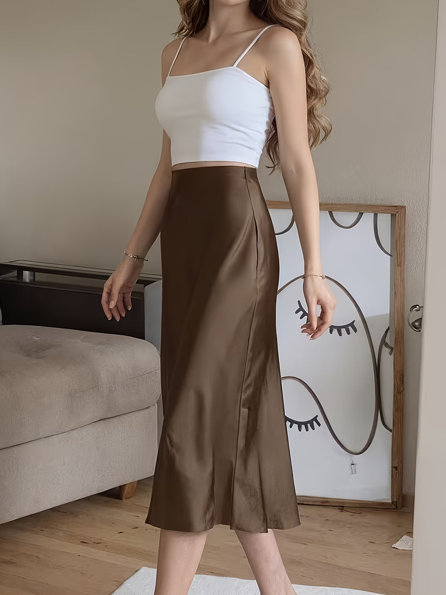 Spring/Summer New Satin Chiffon Multi-Button Women's Skirt - Coffee Color
