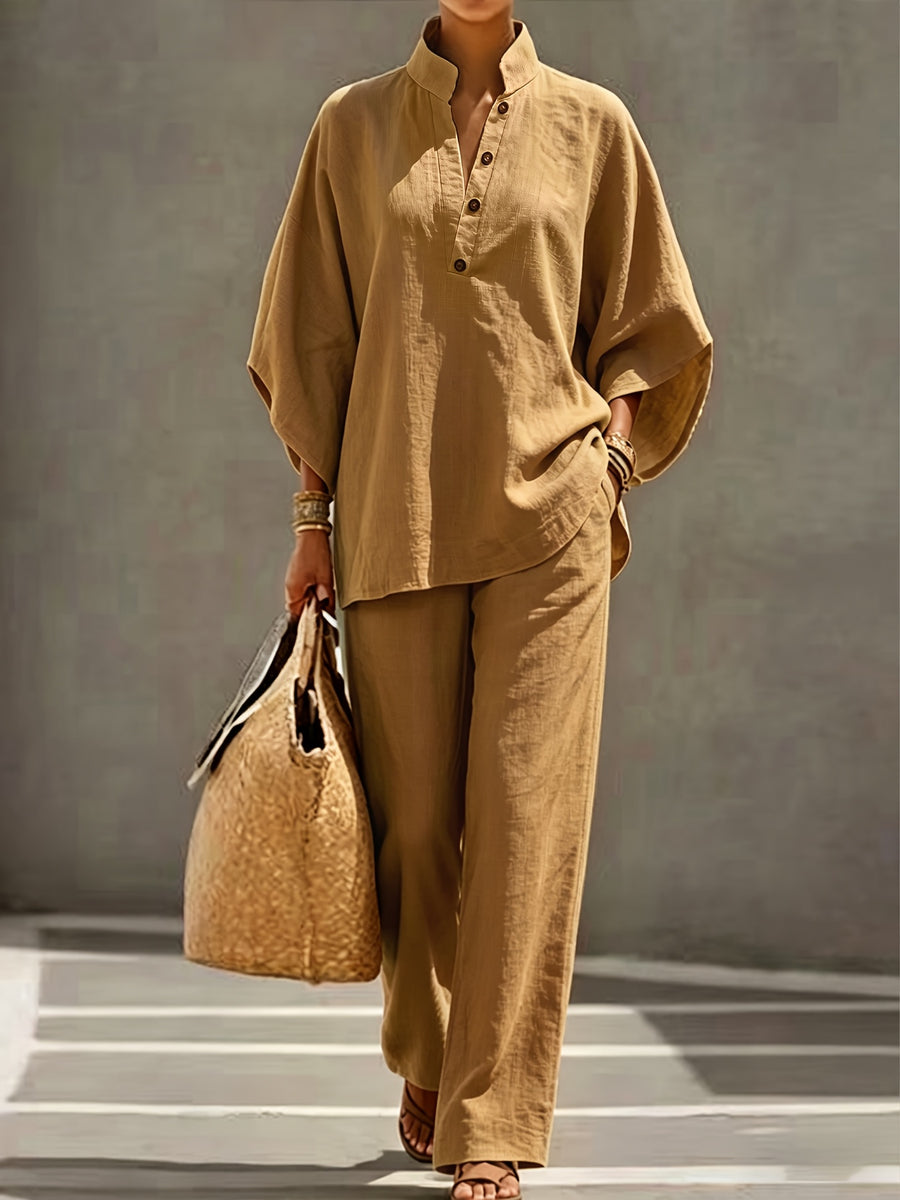 [PLMM] Spring Autumn Winter Women'S Fabric Button Short Collar Fashion Casual Two-Piece Long Pants Set - Amber