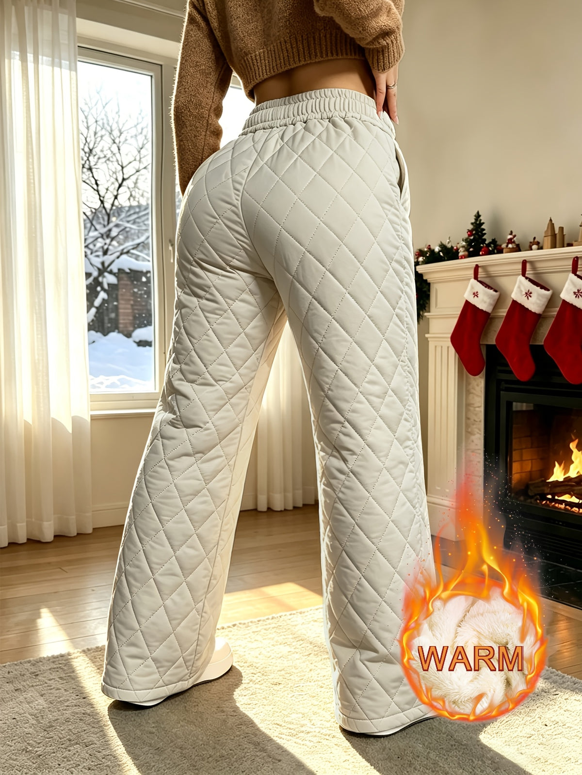 Women's Winter Trendy Fashion Quilted Rhombus Plush-Lined Thickened Pants, -Lined Interior, Windproof Winter Pants, Draping Outer Wear Cold-Proof Casual Long Pants, Suitable for Winter Outings, Shopping, and Work - Khaki