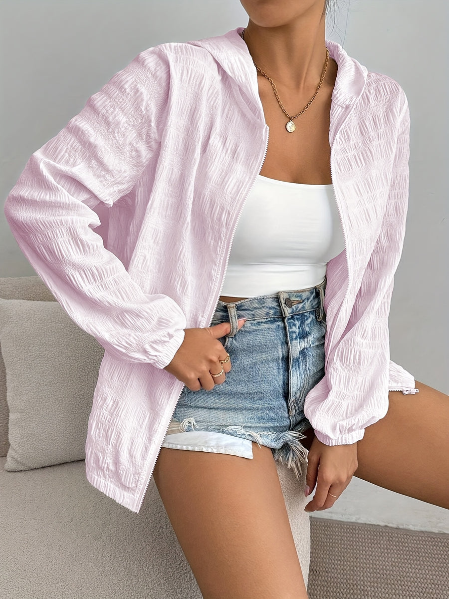Comfortable Comfortable | Women'S Lightweight White Hooded Jacket - Casual Pleated Design, Zipper Closure, Long Sleeves, Machine Washable - Versatile Outerwear for All Seasons - pink