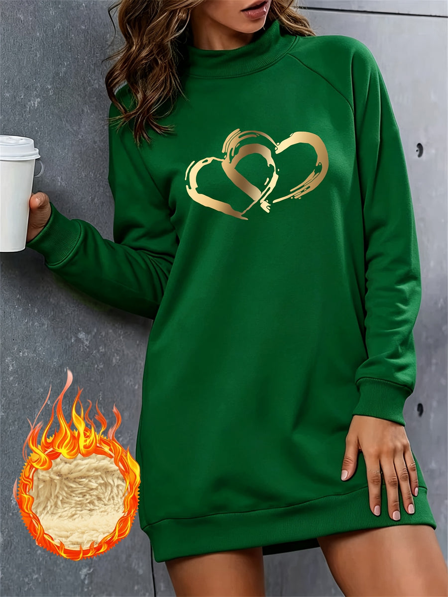 Light Luxury Golden Overlapping Heart Print Half-Turtleneck Long -Lined Sweatshirt for Women, Loose Fit Casual Sweatshirt Dress - Green