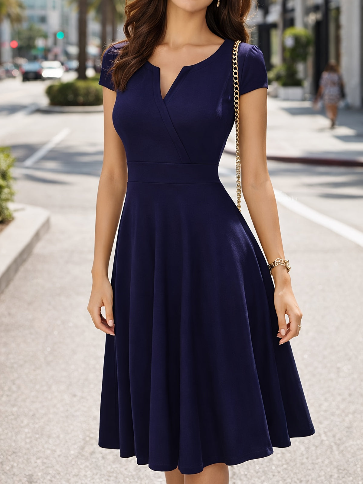 Summer Women'S Fashion Easy Solid Color Cross V-Neck Short Sleeve Waist-Cinching A-Line Midi Dress, Suitable for Daily Wear, Commuting, Office, And Business Formal Occasions - Navy Color