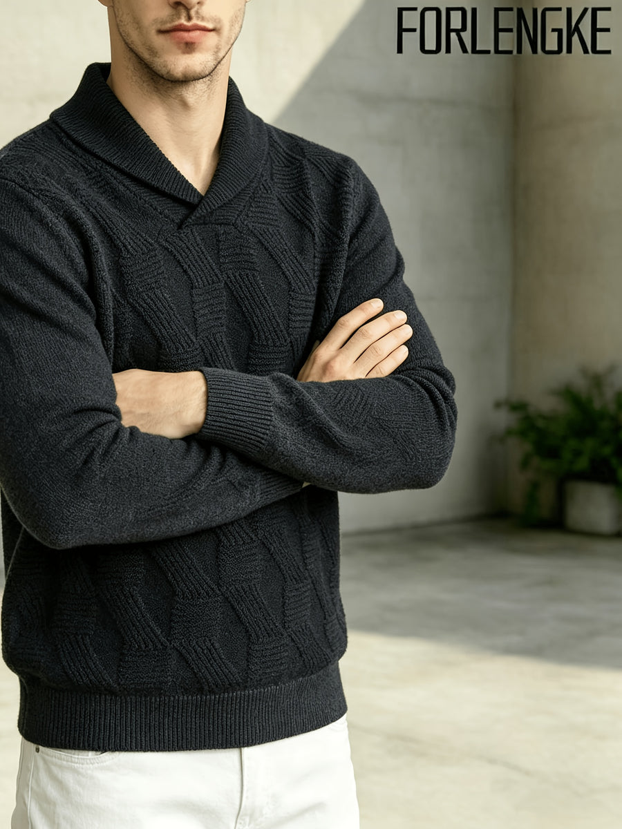 FORLENGKE Men'S Business Casual Shawl Collar Geometric Textured Knit Sweater, Soft Warm Long Sleeve Pullover for Fall Winter Office Daily Wear - Black
