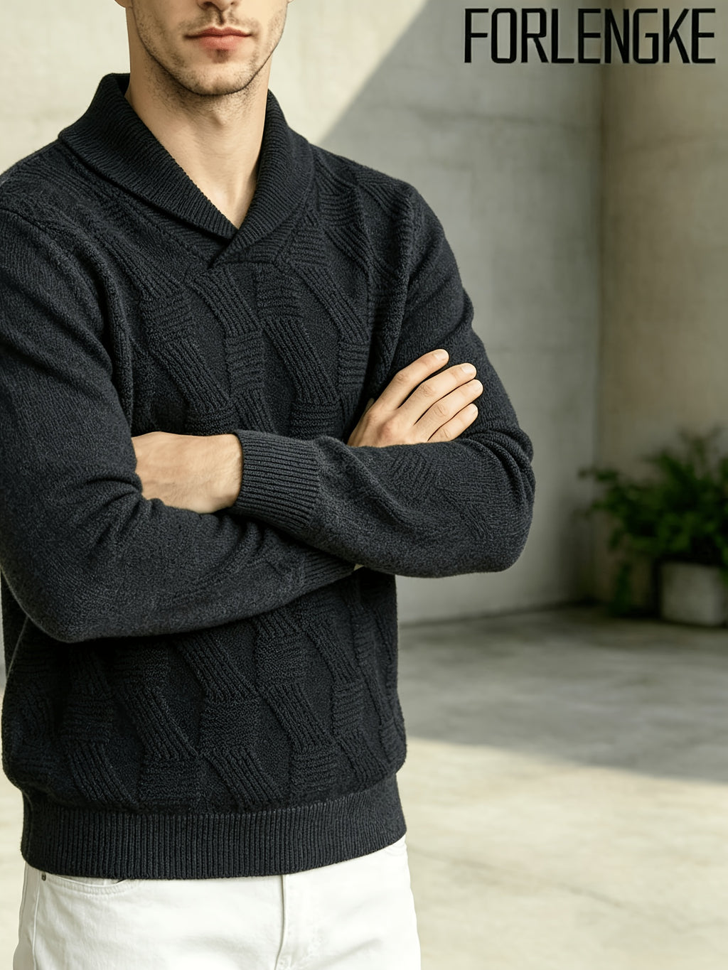 FORLENGKE Men'S Business Casual Shawl Collar Geometric Textured Knit Sweater, Soft Warm Long Sleeve Pullover for Fall Winter Office Daily Wear - Black