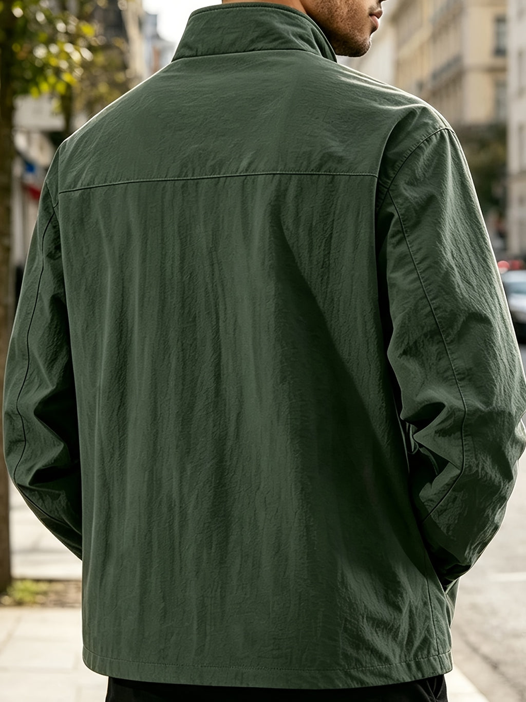 DIFFELEMENT Men'S Stand-Collar Tech Cargo Jacket, Lightweight Breathable Woven Fabric Windproof High Collar Full Zipper Front with Large Pockets And Dual Storage Design, Regular Fit for City Commute, Outdoor Hiking, Daily Layering, Casual Scenarios - fern green