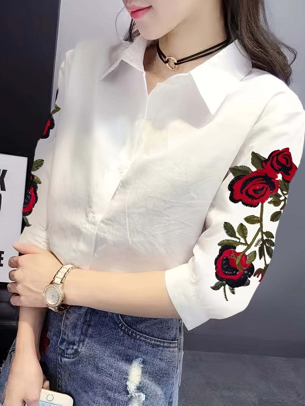 Women'S Chic Floral Embroidered Short Sleeve Blouse with Lapel Collar - Summer Fashion, White Shirt with Red Roses and Green Leaves Design, Elegant Shirt - White